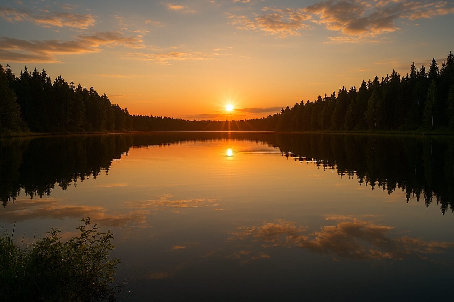 Beautiful lake landscape at sunset with forest reflection
