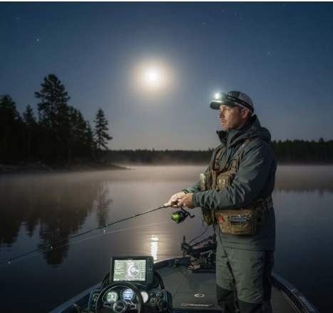 Night fishing scene screenshot — bass, water, boat, and moonlight, Master Fishing Guide 2025