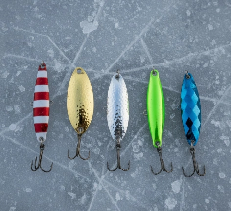 Various heavy metal fishing spoons for pike displayed