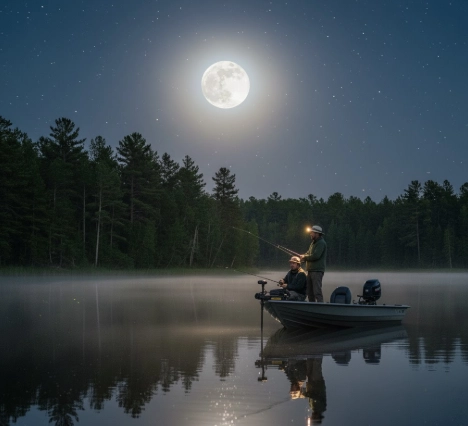 Night bass fishing under moonlight — angler casting into calm lake, silhouette and moon reflection, Master Fishing Guide 2025