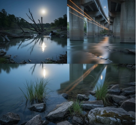 Bass fishing spot under moonlight — rock structure and shallow edge in calm water, ideal location for night bite, Master Fishing Guide 2025
