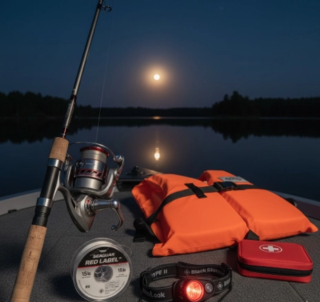 Essential night bass fishing gear — spinning reel, headlamp, fluorocarbon line and safety equipment on boat deck at night, Master Fishing Guide 2025