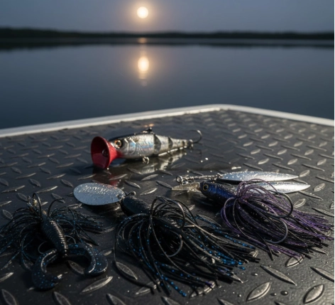 Night bass fishing lure under moonlight — spinnerbait, buzzbait, or jig creating vibration and silhouette contrast, Master Fishing Guide 2025