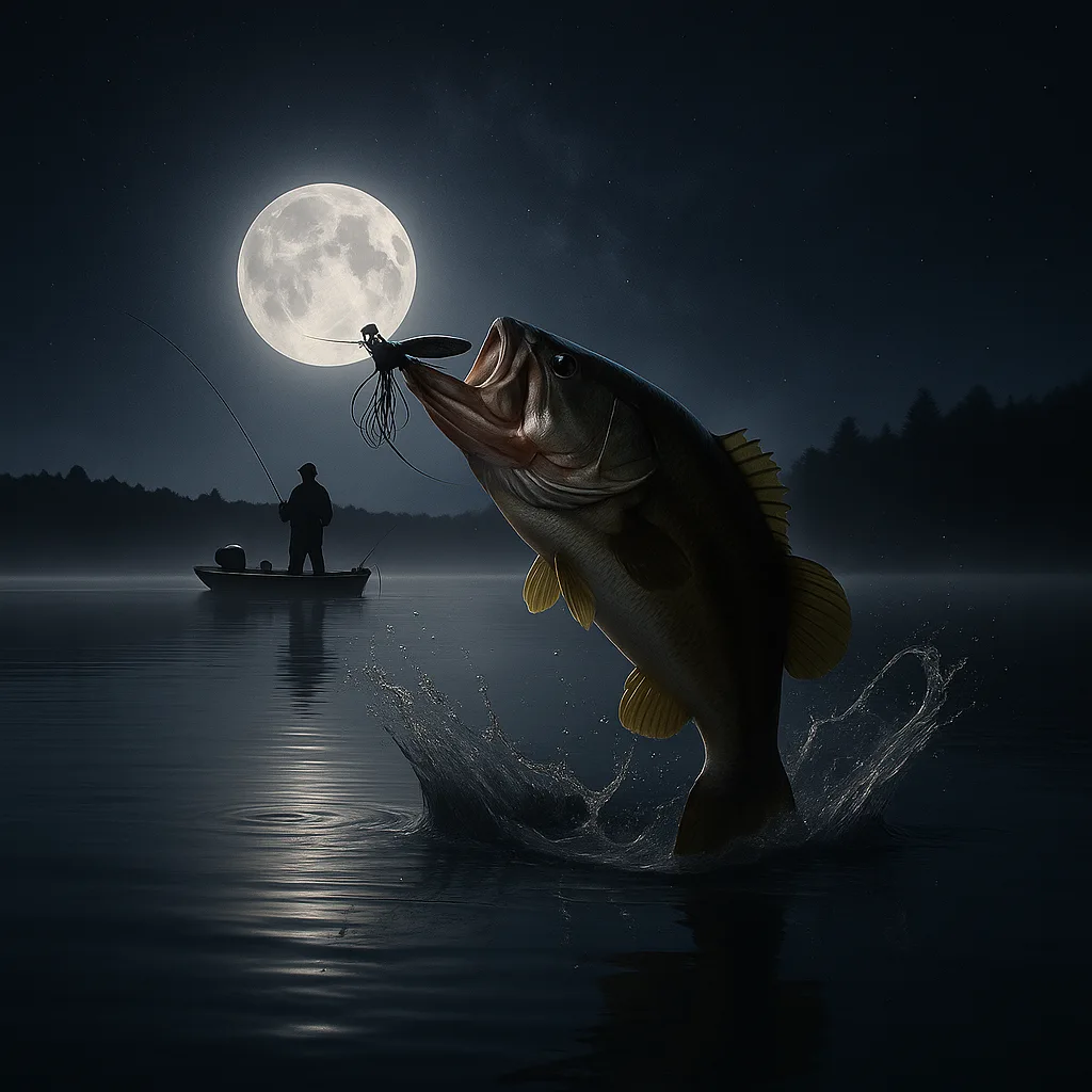 Largemouth bass jumping under full moon with spinnerbait lure hooked in mouth, angler holding fishing rod on boat in background, calm night lake, Master Fishing Guide