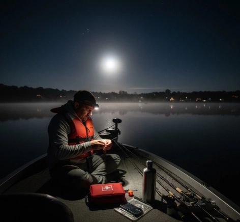 Night bass fishing safety scene — angler on boat under moonlight wearing life jacket and headlamp with waters and shoreline in background, Master Fishing Guide 2025