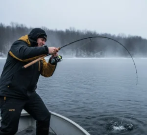 MFG angler fighting a fish in cold winter conditions, long spinning rod bent under tension on a misty lake