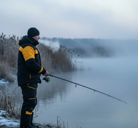Angler fishing a pike slowly in cold winter conditions