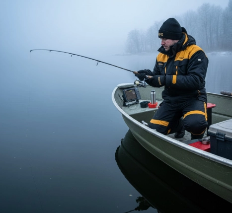 Angler winter pike fishing with spinning rod on snowy riverbank, cold water conditions
