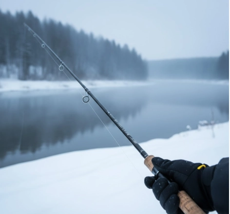 Long winter spinning rod angled forward, focus on blank and guides, cold river and snow in background