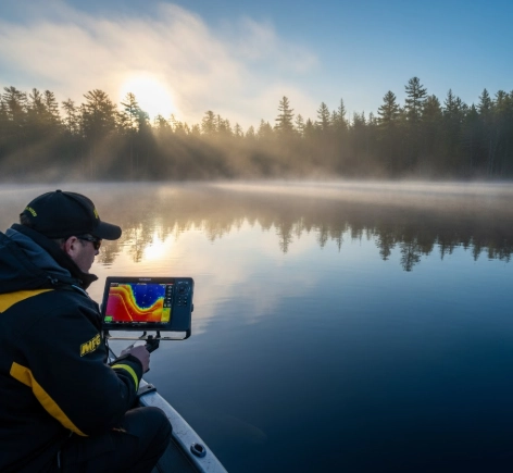 angler using fish finder on cold lake with visible fish underwater