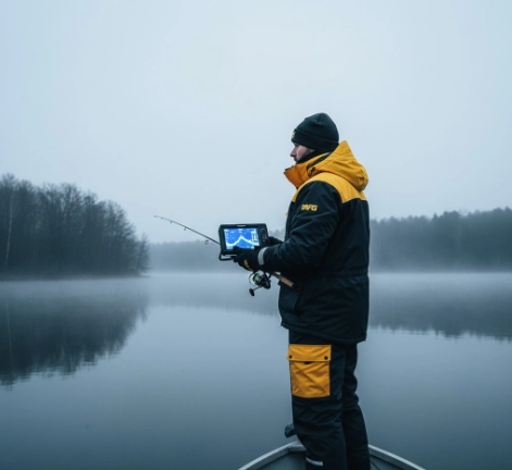 MFG team members holding a fish finder on a cold morning lake