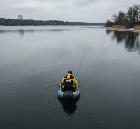 Angler in yellow-black MFG suit fishing from a top-down view in winter conditions