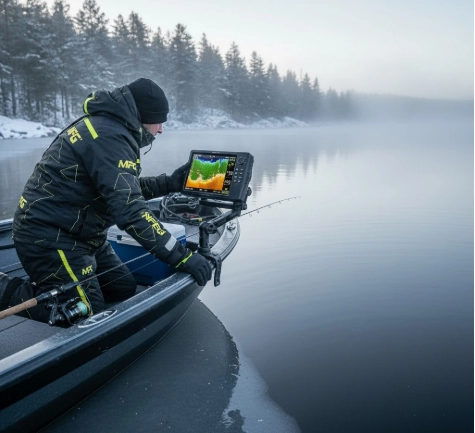winter fishing fish finder on icy lake