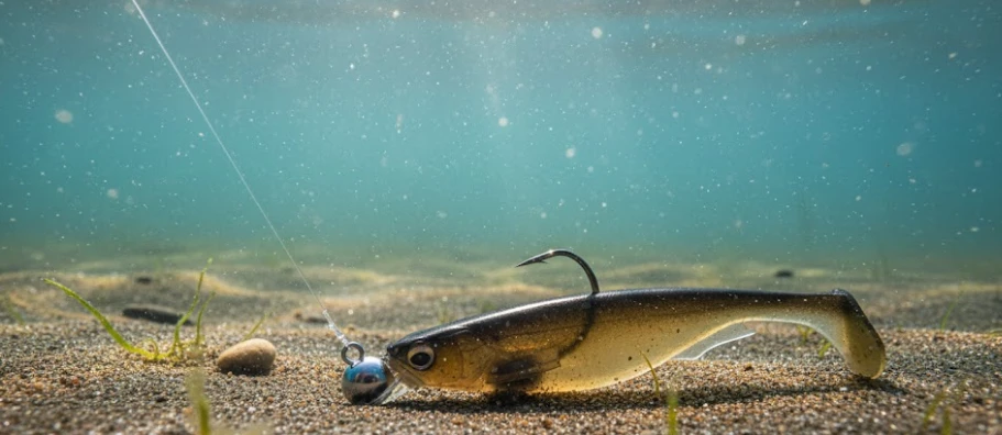 Soft swimbait rigged on a jig head standing upright on the lake bottom