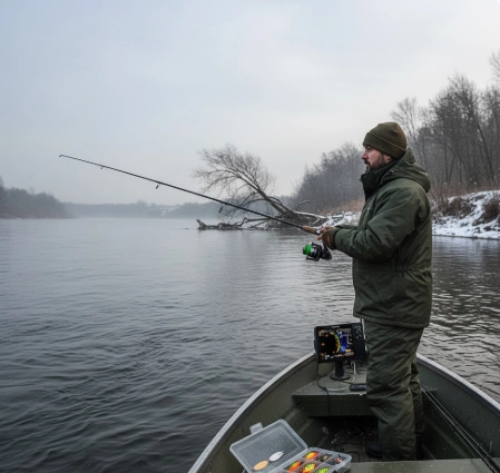 Angler in a boat fishing for winter pike from a cold, unfrozen lake with correct positioning and casting angles