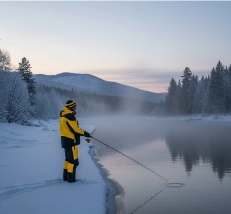 Silhouette of angler holding a long spinning rod during a cold winter sunset over still water