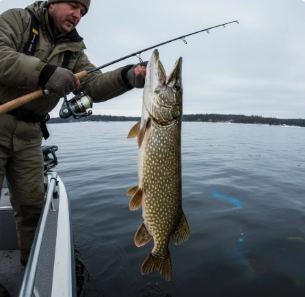 Winter pike lifted from depth near the 4°C layer