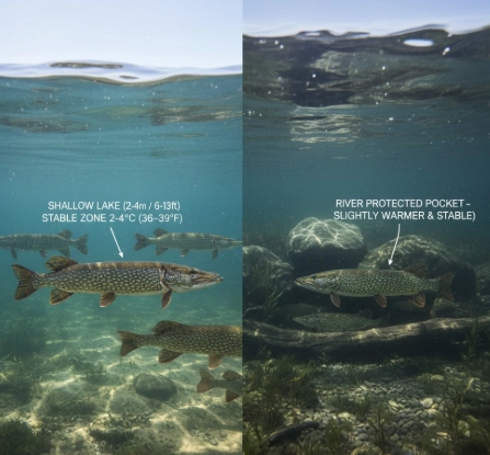 Winter pike shown at different depth zones in a shallow lake and a river’s protected pocket, illustrating stable cold-water layers