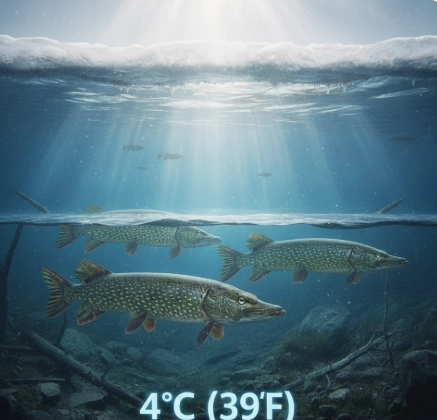 Winter pike holding near the 4°C layer at depth under unfrozen water