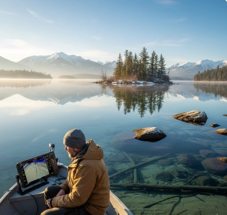 Winter angler in a boat checking sonar above calm water with visible depth below