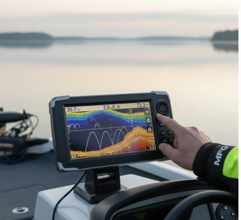 fish finder sonar display showing underwater detail on boat screen