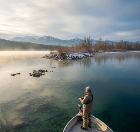 Angler fishing on a winter lake with unfrozen water, giving a natural sense of changing depth layers