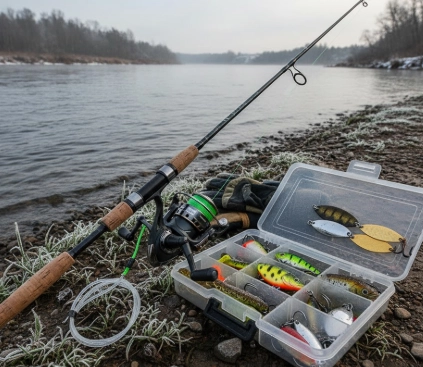 Winter pike fishing gear arranged on the shoreline – rod, reel, braided line and tackle box with winter pike lures beside cold, unfrozen water.