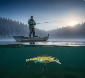 Angler retrieving a suspending jerkbait in clear winter wate