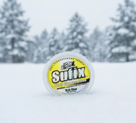Sufix fluorocarbon leader spool on snow for winter pike fishing