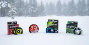 Winter pike fishing line spools in different colors
