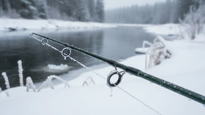 Winter pike fishing line and iced-up rod guides beside cold water