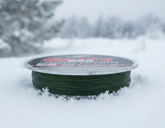 Sufix green braid fishing line spool on snow in winter conditions