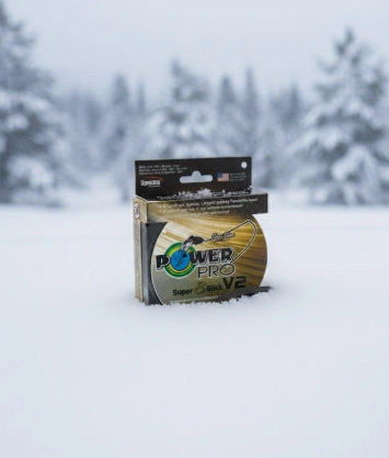 PowerPro Super Slick V2 braid spool on snow for winter pike fishing