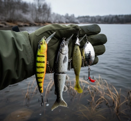 Winter pike lures laid out on a neutral surface, including suspending jerkbait, glide bait, soft shad on jig head, and heavy spoon for cold, unfrozen water conditions.