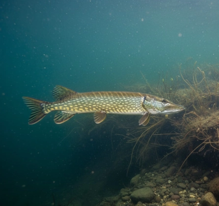 Winter pike — northern pike hovering in cold, unfrozen water near structure during a short strike period