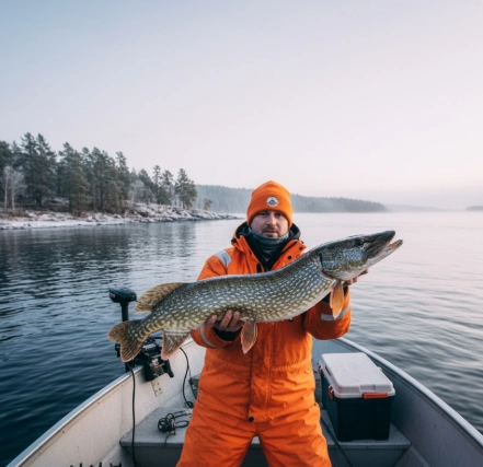 Winter pike – angler in a boat holding a northern pike over cold, unfrozen water