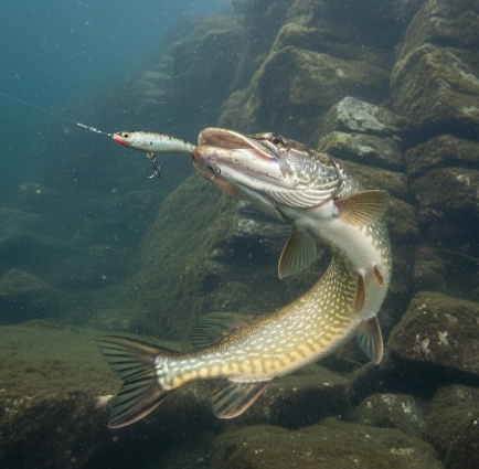 Winter pike underwater fight — northern pike pulling a lure in cold, unfrozen water, body curved with tension during the strike