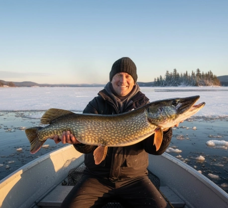 Angler holding a big pike in a boat on a winter day over unfrozen water with visible depth