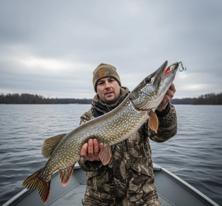 Angler holding a winter pike in a boat, the fish’s mouth open with the lure clearly visible, over cold unfrozen water.
