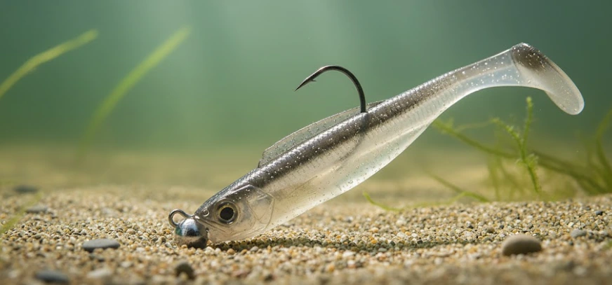 Soft swimbait with small jig head standing naturally on the bottom