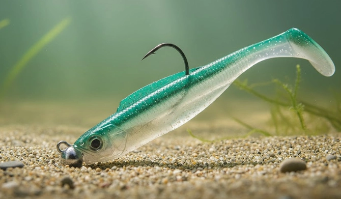 Soft swimbait with small jig head standing naturally on the bottom