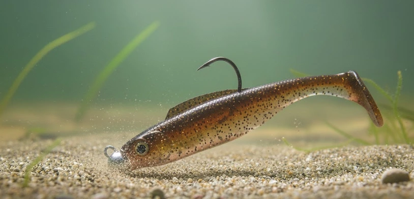 Soft swimbait with small jig head standing naturally on the bottom
