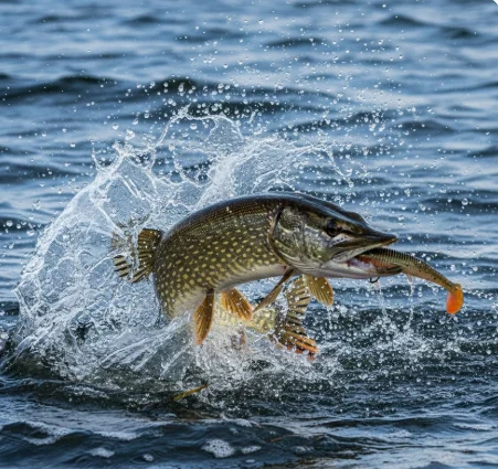 Pike thrashing violently at the water surface with a soft swimbait stuck in its jaws, splashing water as it fights to break free.