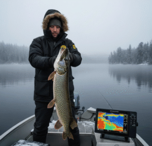 Angler lifting a big winter pike from a boat above the key winter depth zone