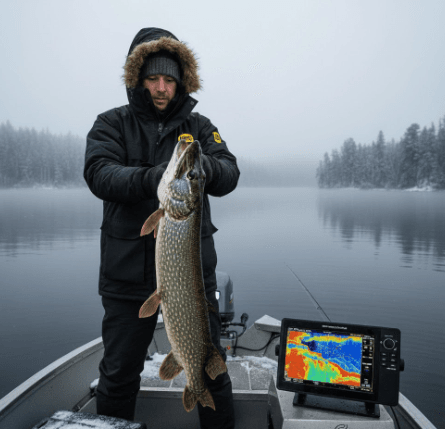 Angler lifting a big winter pike from a boat above the key winter depth zone