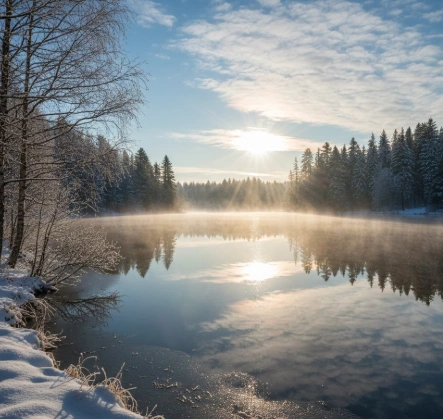 Sunny winter lake with mist rising over unfrozen water and visible depth layers