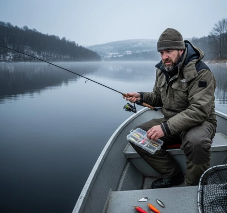 Water Temperature vs Pike Activity showing common winter pike fishing mistakes by an angler in a boat
