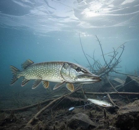 Underwater pike approaching deadbait on the bottom