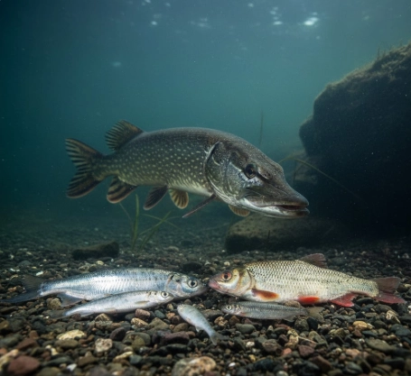 Winter pike and range of deadbait fish on the bottom in cold water