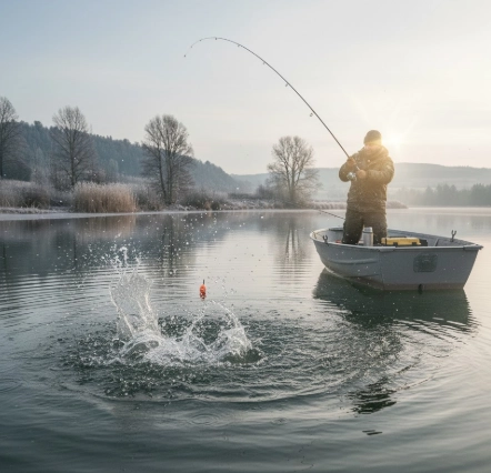 Deadbait float fishing for winter pike from a boat